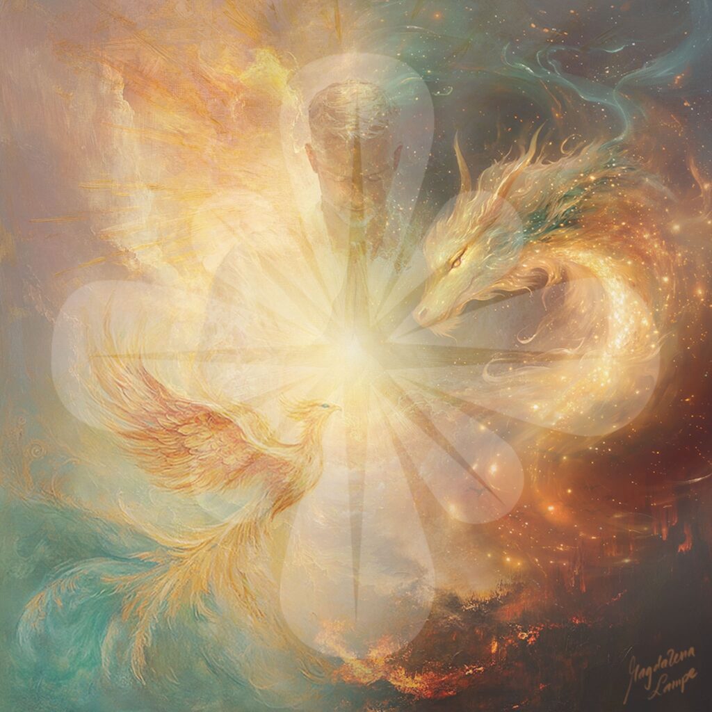 Drache und Phönix sich aus dem Feuer und Wasser erhebend, Ein Mann mit Händen in Namaste Haltung blass im Hintergrund