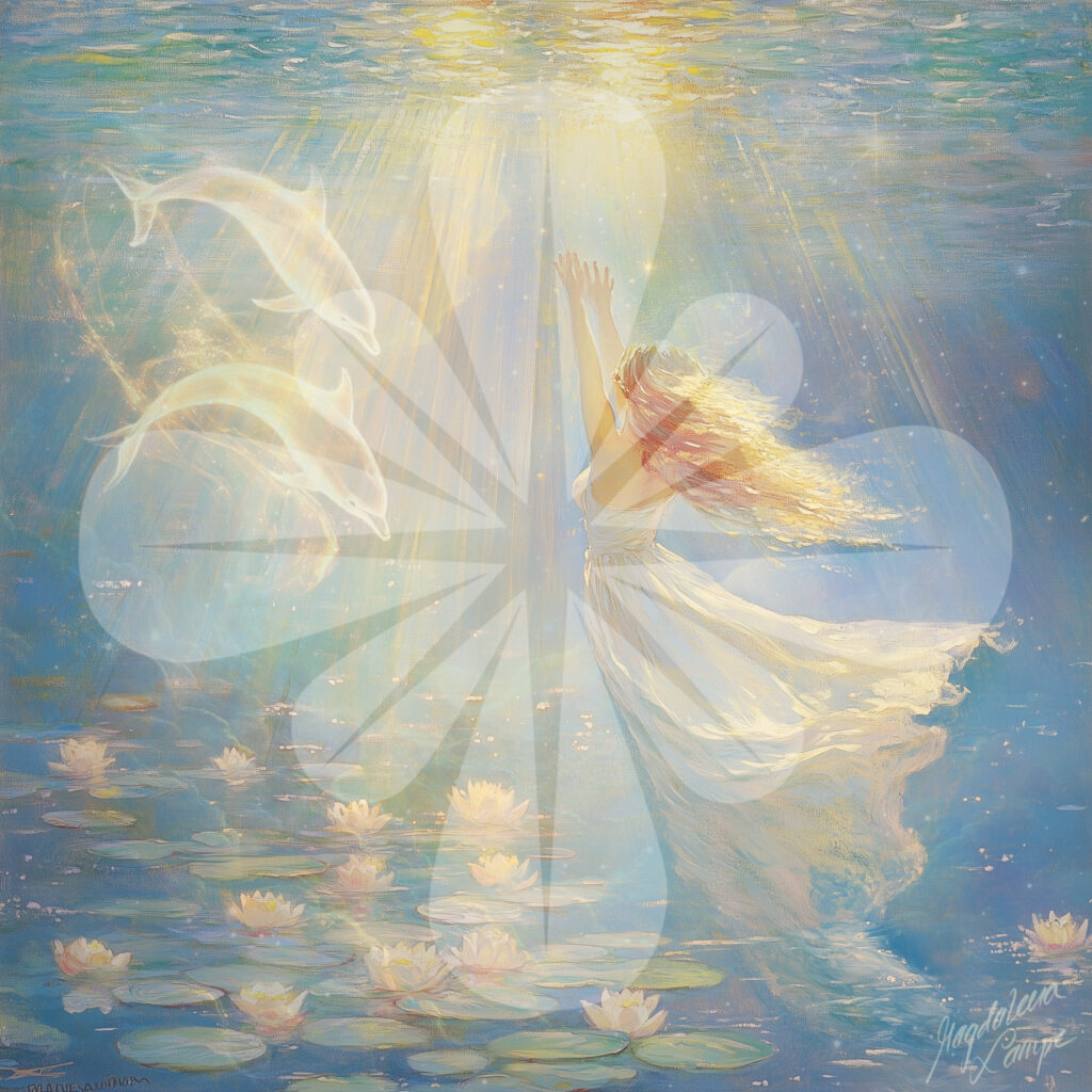 Tanzende Frau unter Wasser schwebend, Seerosen und Delfine